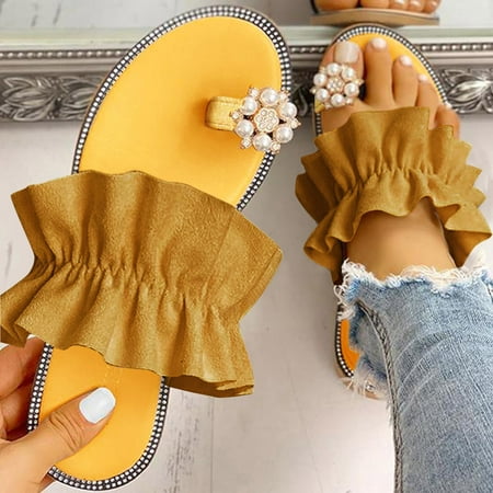 Sandals Women Women Shoes Bohemian Flat Bottom Beach Fashion Shoes Flock Yellow 37