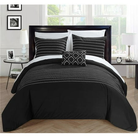 Chic Home DS4017-BIB-US 8 Piece Khalil Super Soft Microfiber Stitch Embroidered King Bed in a Bag Duvet Set, Black with White Sheets