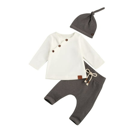 Qtinghua 3Pcs Newborn Baby Boy Fall Winter Outfits Buttons Long Sleeve T-Shirt Tops + Harem Pants Leggings + Hat Pajamas Set Gray White 0-6 Months
Qtinghua 3Pcs Newborn Baby Boy Fall Winter Outfits Buttons Long Sleeve T-Shirt Tops + Harem Pants Leggings + Hat Pajamas Set Gray White 0-6 Months