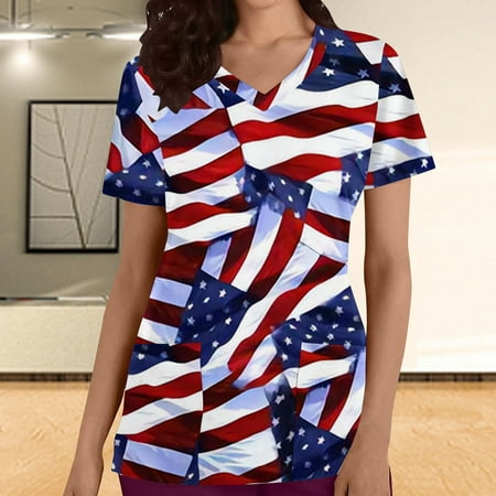 

Gaecuw 4th of July Scrub Tops Independence Day Basic Tops for Women Fashion Casual Solid Round Neck Short Sleeve with Pocketss Loose T Shirt Pullover Tops Patriotic Shirts for Women Patriotic Graphic