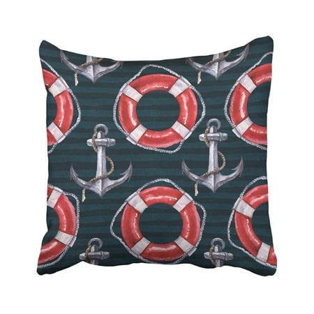 ARTJIA Watercolor Nautical With Anchor And Life Buoy On Black Perfect For Wrappers Greetings Pillowcase Cover 16x16 inch