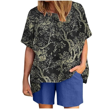Homenesgenics Womens Suit Plus Size Pajamas for Women 2PC Women Casual Summer Sports Suit Round Neck Print Short Sleeve Solid Shorts Set
Homenesgenics Womens Suit Plus Size Pajamas for Women 2PC Women Casual Summer Sports Suit Round Neck Print Short Sleeve Solid Shorts Set