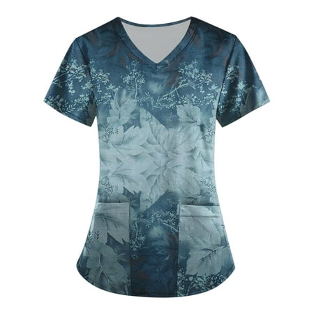 

EHTMSAK V-Neck Scrubs for Women Stretchy with Pocket Floral Nurses Uniform Workwear Tunic Casual Short Sleeve V-Neck Clinic Blouse Carer Top on Clearance Navy S