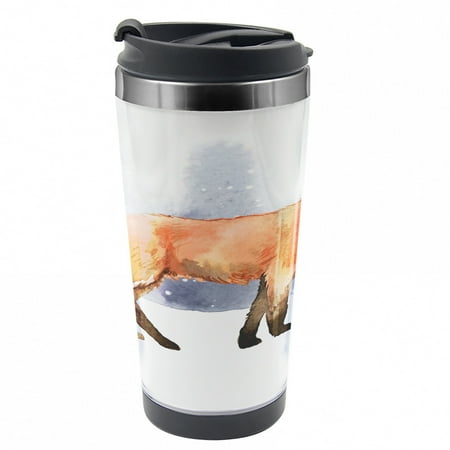 Fox Travel Mug Side View Painting Snow Animal Steel Thermal Cup 16 oz by Ambesonne