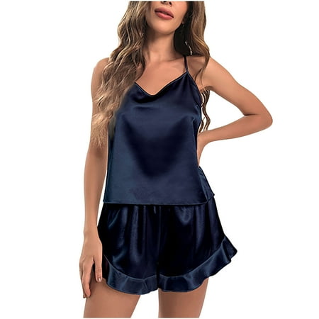 Satin Pajamas for Women 2 Piece V Neck Spaghetti Strap Cami Tops and Ruffle Shorts Sets Summer Sleepwear Pjs Navy
Satin Pajamas for Women 2 Piece V Neck Spaghetti Strap Cami Tops and Ruffle Shorts Sets Summer Sleepwear Pjs Navy