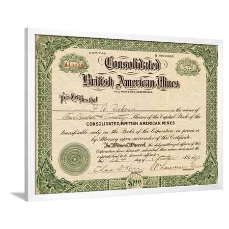 British American Mines Certificate Framed Print Wall Art