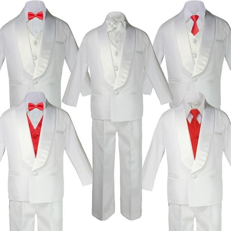 Baby Teen White Satin Shawl Lapel Suits Tuxedo RED HOT Satin Bow Necktie Vest