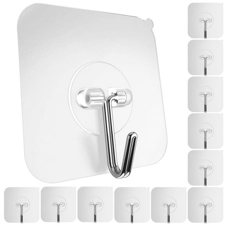 GoGoHome Clear Plastic Self-Adhesive Hook Sturdy Non-Marking Stainless Steel Heavy Duty Hook Wall Mount Suction Cup Reusable Water and Oil Resistant Hook for Living Room Bedroom Kitchen Bathroom