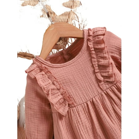 Cute Plain Round Neck Smock Long Sleeve Dusty Pink Baby Dresses (Baby s)
