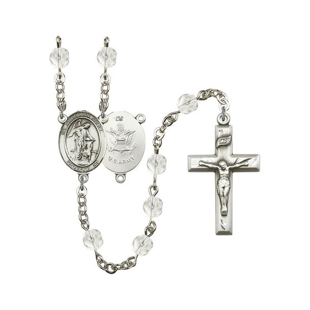 Guardian Angel / Army Silver-Plated Rosary 6mm April Crystal Fire Polished Beads Crucifix Size 1 3/8 x 3/4 medal charm
