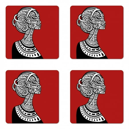 African Coaster Set of 4 Hand Drawn Ethno Cultural Themed Portrait Complex Square Hardboard Gloss Coasters Standard Size Ruby Black White by Ambesonne
African Coaster Set of 4 Hand Drawn Ethno Cultural Themed Portrait Complex Square Hardboard Gloss Coasters Standard Size Ruby Black White by Ambesonne