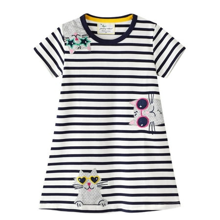 

HIBRO Girls Cotton Long Sleeve Casual Cartoon Appliques Striped Dresses Cotton Spring Summer Short Sleeve Basic Tunic Shirt Playwear Dress Collar Dress Baby Girl Toddler Dress Size 5