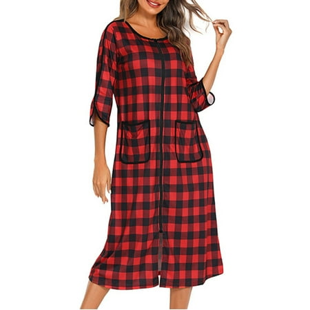 

Patlollav Womens Winter Warm Nightgown Autumn/Winter Nightdress Zip With Pokets Loose Pajamas