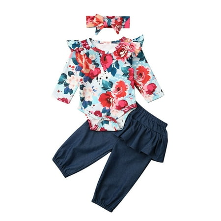 3PCS Infant Baby Girl Floral Print Ruffle Sleeve Romper + Denim Pants + Headband Bodysuit Outfits