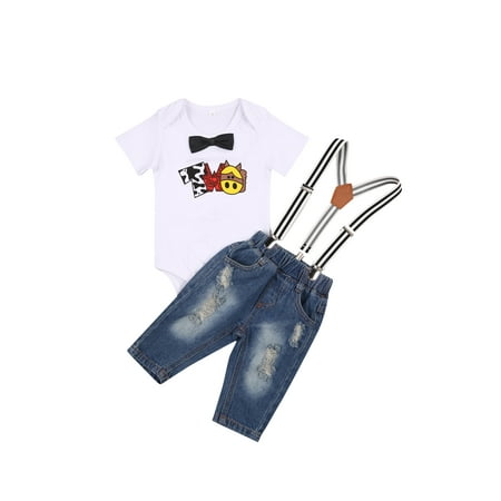Baby Boys Casual Cartoon Romper Tops with Denim Ripped Suspender Pants