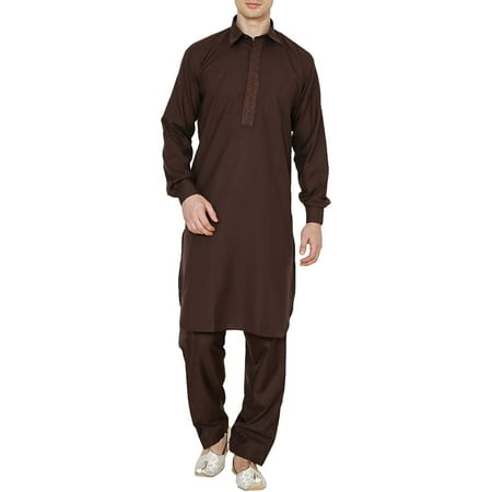 Royal Kurta Men s Polycotton Embroidered Pathani Suit Brown