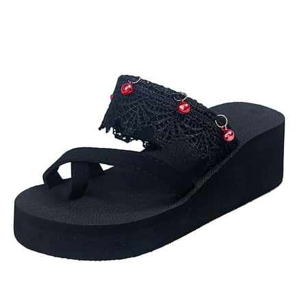 Womens Sandals Ladies Vacation Seaside Beach Slippers Fashion Lace Bells Flip Flops Casual Wedge Slippers Women S Sandals Pu Red 39