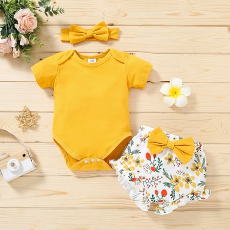 Qazqa Girl Clothes Solid Colour Romper Tops Floral Bowknot Shorts Headband Three Pieces Outfit Set 0-18M