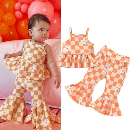 Toddler Baby Girls Summer Clothes Sets 2pcs Plaid Floral Print Sleeveless Camisole and Casual Elastic Flared Pants