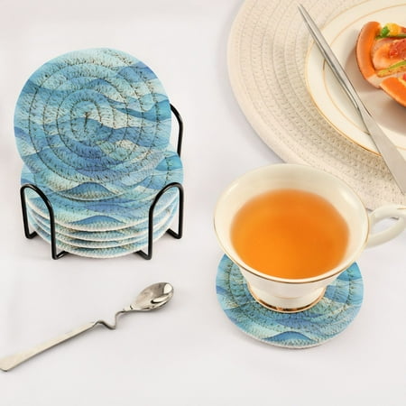 Cool Toned Waves Pattern Set of 6 Durable Woven Polyester Coasters with Black Storage Rack 4in
Cool Toned Waves Pattern Set of 6 Durable Woven Polyester Coasters with Black Storage Rack 4in