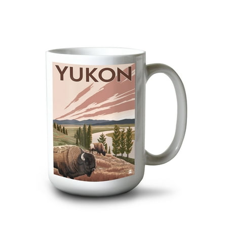 15 fl oz Ceramic Mug Yukon Canada Bison and River Dishwasher & Microwave Safe