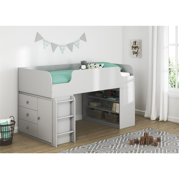 Ameriwood Home Elements Loft Bed with Bookcase and 3 Drawer Storage Organizer with Door, Dove Gray