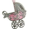 Silvertone Baby Carriage Ornament with Pink Swarovski Crystal Stones and Pink Epoxy