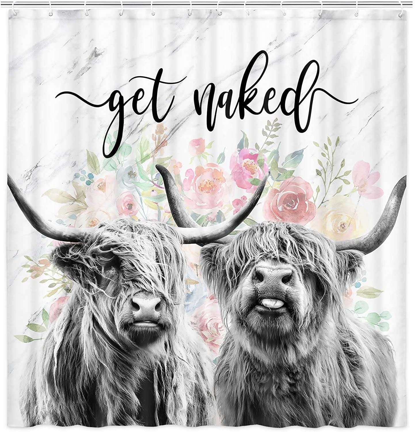 Funny Highland Cow Fabric Shower Curtain Floral Farmhouse Western