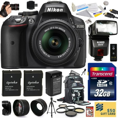 Nikon D5300 24.2 MP CMOS Digital SLR Camera with 18-55mm f\/3.5-5.6G ED VR II AF-S DX NIKKOR Zoom Lens (Black) (1522) with 32GB Memory Card, Bower Flash, Tripod, Backpack, HDMI Cable, Batteries + More Nikon D5300 24.2 MP CMOS Digital SLR Camera with 18-55mm f\/3.5-5.6G ED VR II AF-S DX NIKKOR Zoom Lens (Black) (1522) with 32GB Memory Card, Bower Flash, Tripod, Backpack, HDMI Cable, Batteries + More
