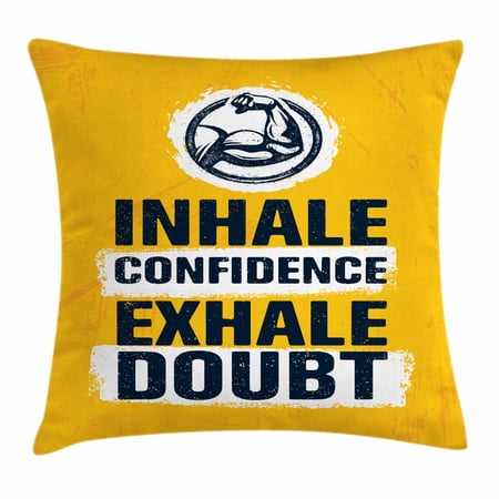Inhale Exhale Throw Pillow Cushion Cover, Motivation Quote with Muscle Arms Sports Confidence Activity, Decorative Square Accent Pillow Case, 18 X 18 Inches, Earth Yellow Indigo White, by Ambesonne