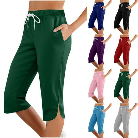 lcziwo Lightning Sales Today, Women's Drawstring Yoga Capris Pant Casual Summer Split Athletic Workout Cropped Pants Solid Color Lounge Capri Pants with Pockets Army Green M