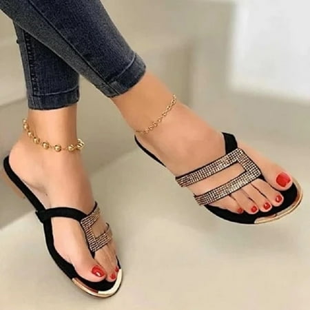 Egmy Summer Flat Bottom Shoes Rhinestone Flip-Flops Women Flip Flops Casual Slippers