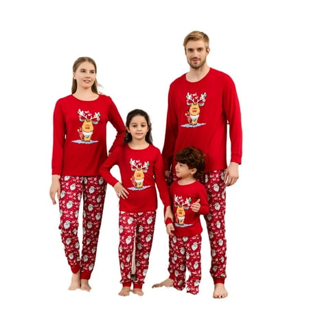 ZAXARRA Family Matching Christmas Pajamas Set Cartoon Elk Print Tops + Pant