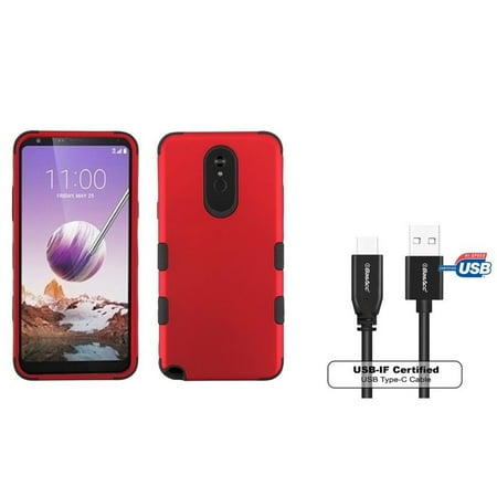 Insten Tuff Dual Layer Hybrid Titanium PC/TPU Rubber Case Cover For LG Stylo 5 - Red/Black (Bundle with USB Type C Cable)