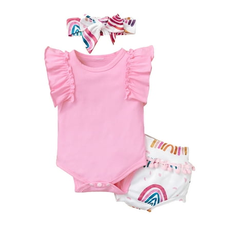 EHTMSAK Infant Baby Toddler Girl Summer Outfits Clothing Set Rainbow Short Sleeve Ruffle Bodysuit and Shorts Set with Headband Pink 3M-18M 100