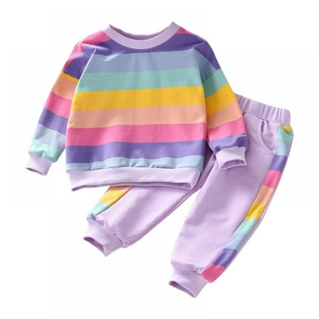 Newborn Baby Girl Long Sleeve Pullover Rainbow Sweatshirt Long Pant Outfits Autumn Winter Clothes