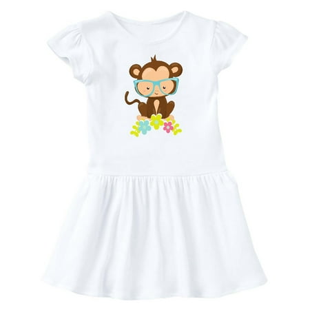 Inktastic Cute Monkey With Eyeglasses Colorful Flowers Gift Baby Girl Dress