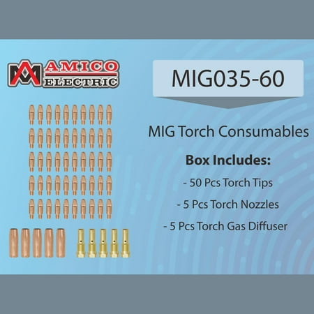 

MIG035-60 MIG Welder Parts 50-pcs .035” Tips 5-pcs Gas Nozzles 5-pcs Gas Diffusers for MTS-165/185/205 MIG-160/180/200 MIG-140GS