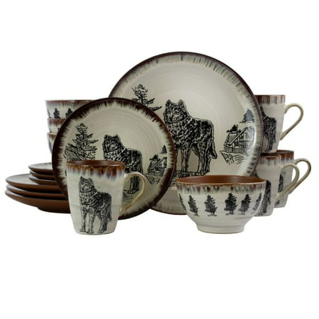 Elama 16-Piece Stoneware Dinnerware Set Taupe/Majestic Wolf