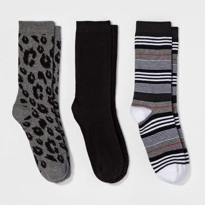 Women s Animal Print 3pk Crew Socks - A New Day Gray/Black One Size