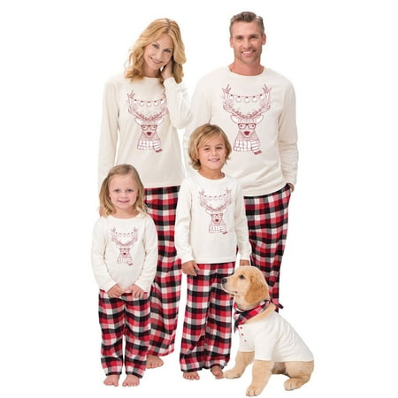 QILINXUAN Family Christmas Pajamas Set Reindeer Print Tops + Plaid Pants Outfits