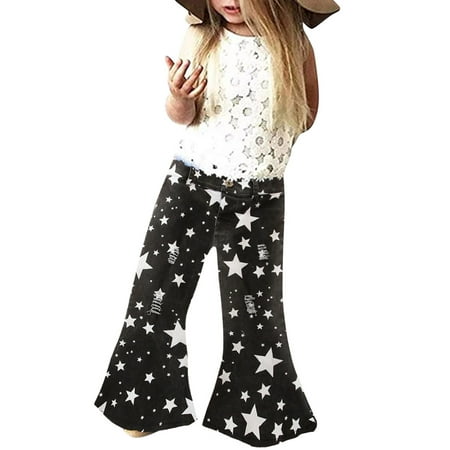 

Fashion Teenage Childs Pants Toddler Stars Printed Denim Bell Bottom Pants Baby Girls Trousers Ruffle Flare Ripped Jeans For Kids 1-6Y