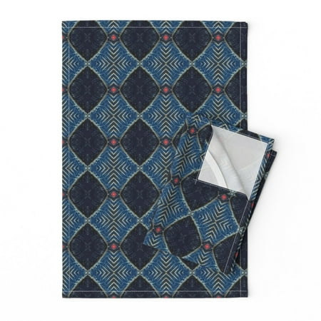 Wood Cut Blue Art Deco Geometric Linen Cotton Tea Towels by Roostery Set of 2