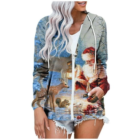 Chrismas Long Zip With Pockets Women s Sleeve Sweatshirt Tunics Jacket Hooded Casual Zipper Up Coat Printing Hoodies Women s Coat Womens Cold Weather Gear Zip up Jacket Warm down Scrub Fleece Jacket