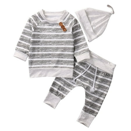 Toddler Infant Baby Outfit Clothes Long Sleeve Sweatsuit Tops Pants Beanie Hat Set 3PCS