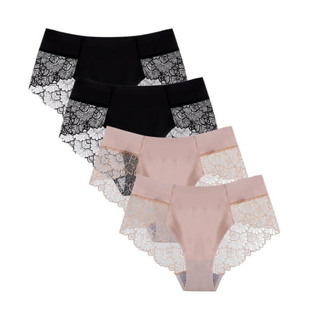 Women Sexy Milk Silk Non-Trace Ice Silk Breathable Briefs Lace Underwear 4PC