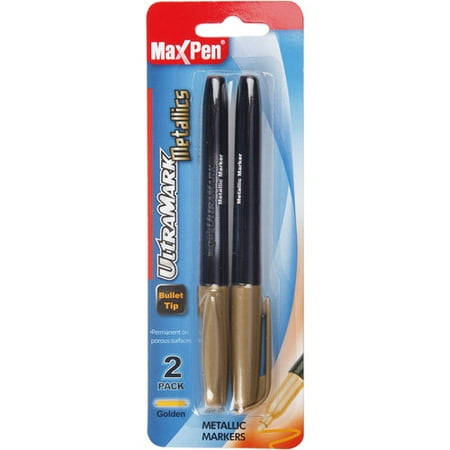 Max Pen UltraMark Metallics Permanent Marker, Bullet Tip, Golden, 2pk