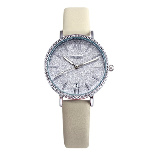 Fashion Women Brilliant Starry Night White Dial Quartz Watch Student Calendar Alloy Case PU Leather Band Wrist Watch
