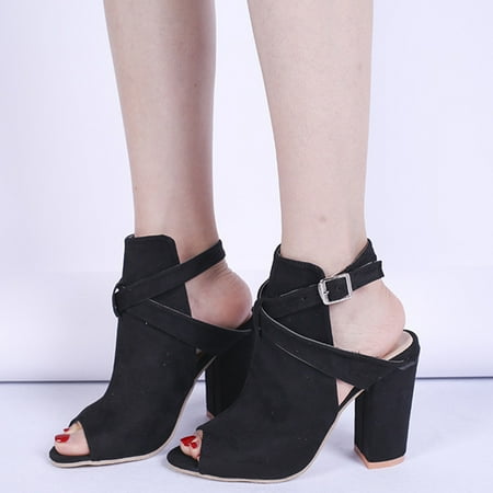 Women Fashion Solid Flock Peep Toe Square Heel Hasp Sandals High Heeled Shoes