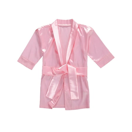 Baby Girl Silk Satin Gown Sleepwear Plain Kimono Robe Toddler Kids Nightwear